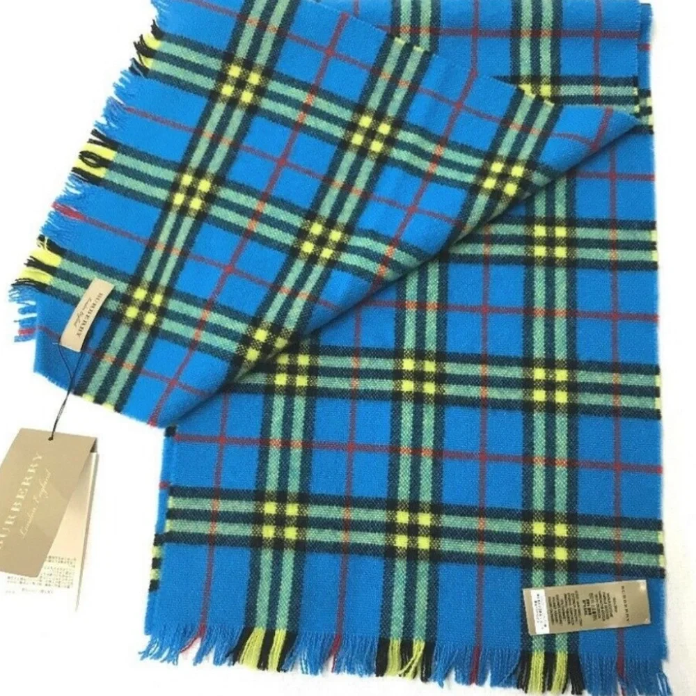 RARE LARGE BURBERRY cashmere blue turquoise yellow fringe check plaid scarf - Picture 4 of 6